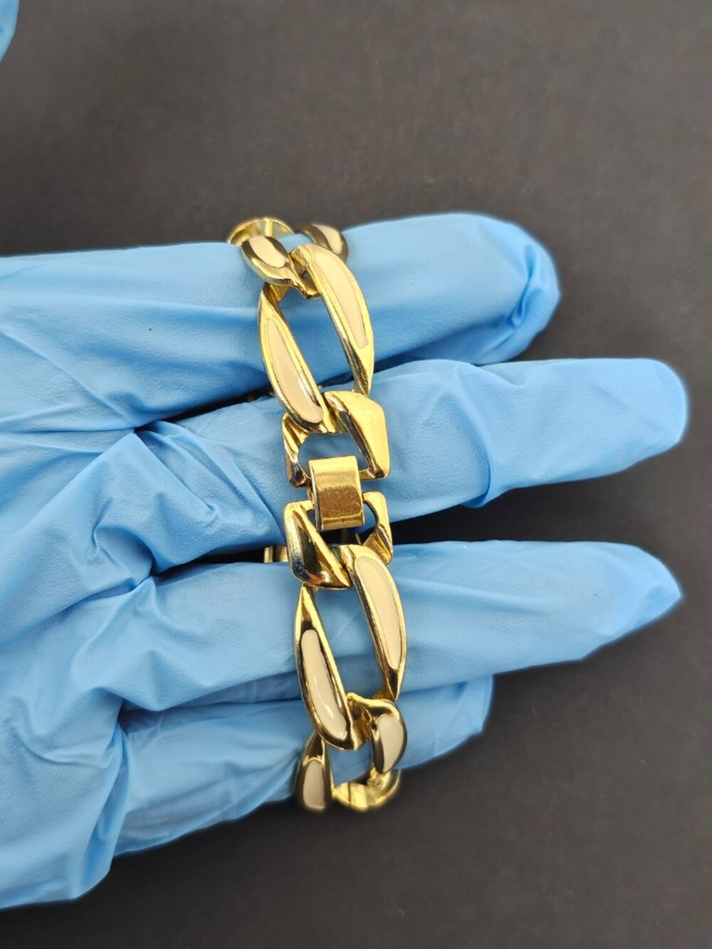 Vintage Cream White Enamel Gold Tone Bracelet Oval Open Chain Link‎ MCM 1960s - Picture 11 of 11
